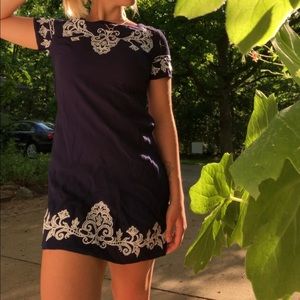 Lulus Navy White Embroidered Dress